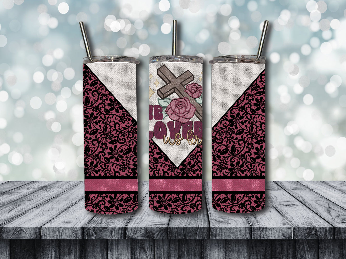Faux Lace He Loved Us First Bundle. Tumbler, Pocket and Back Design